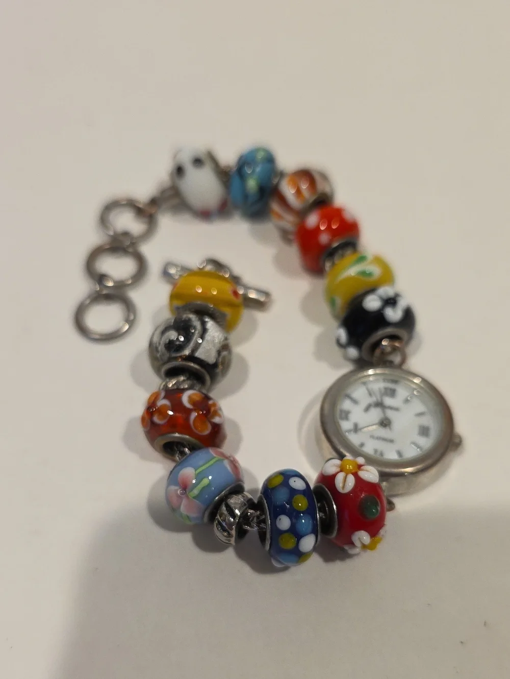 Colorful Multi-patterned Glass Beaded Watchband With Geneva Platinum Watch